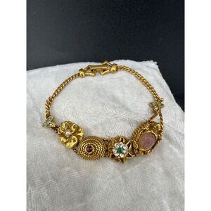 Vintage Goldette Slider Bracelet Victorian Revival Gold Tone Rhinestone 6.5"